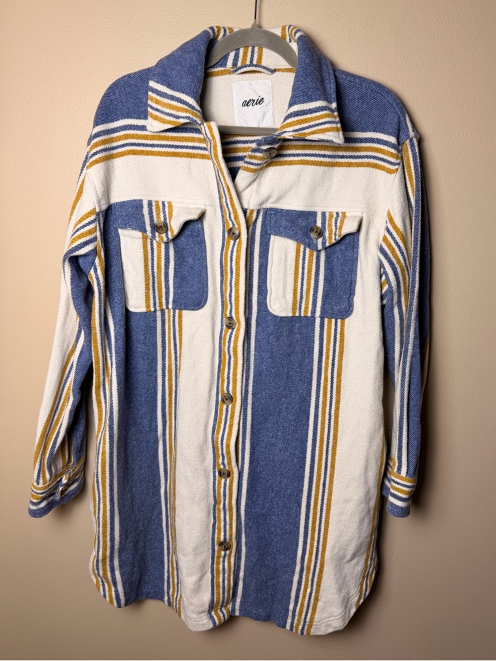 Aerie Oversized Flannel Shacket Jacket Cream Blue Stripe Cotton Size M - Picture 6 of 13